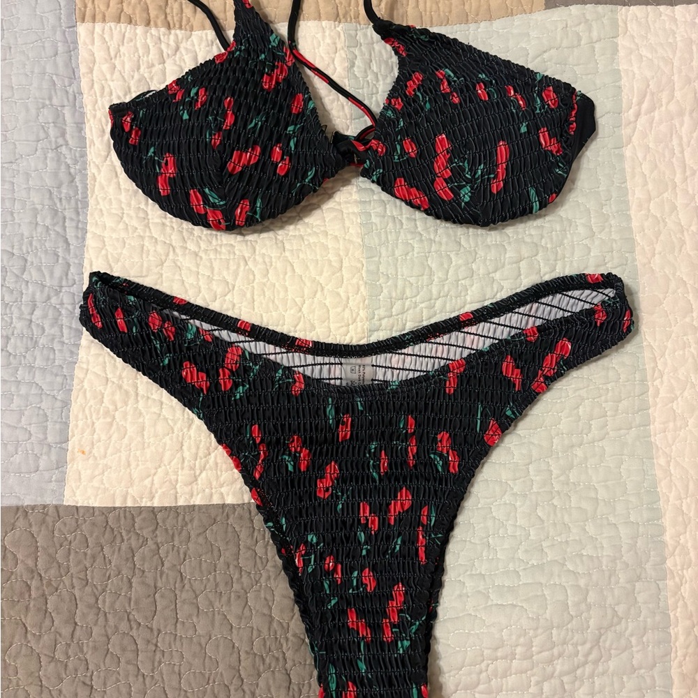 Black Smocked Bikini Set with Red Cherry Print